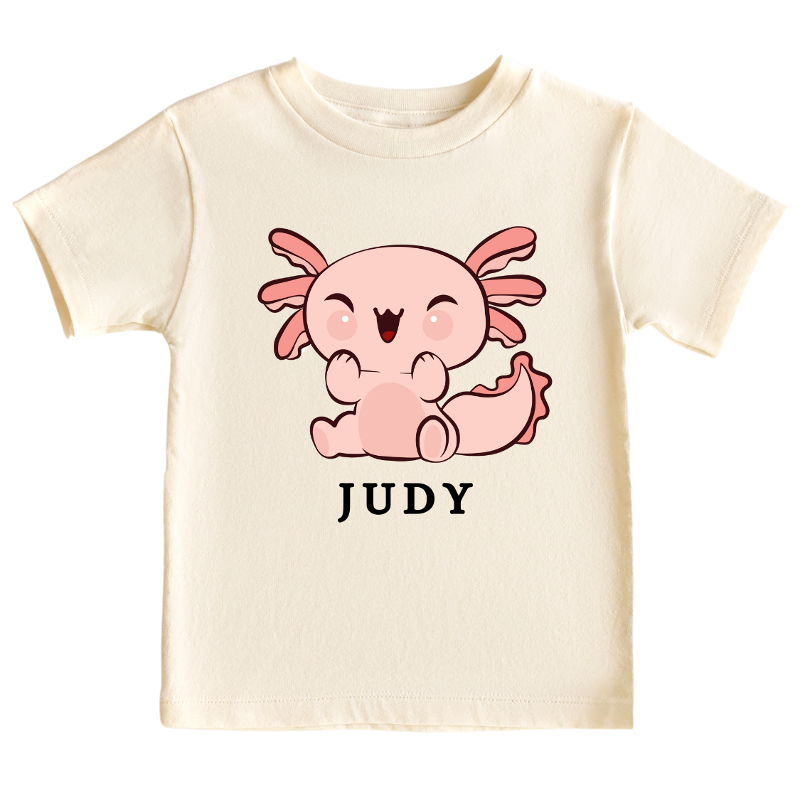 An adorable axolotl design on a kid's t-shirt and baby onesie, perfect for animal enthusiasts. The design can be personalized with customizable names, adding a touch of charm and creating lovable moments with your little one.