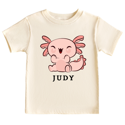 An adorable axolotl design on a kid's t-shirt and baby onesie, perfect for animal enthusiasts. The design can be personalized with customizable names, adding a touch of charm and creating lovable moments with your little one.