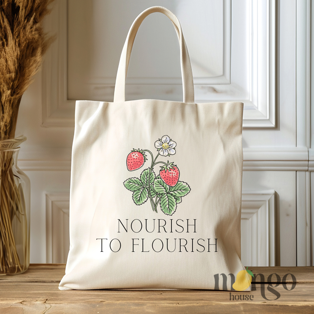 Nourish to Flourish Bag Cute Strawberry Flower Canvas Tote Bag for Grocery Shopping Cute Gift for Mom Strawberry Tote Bag for Her Gifts