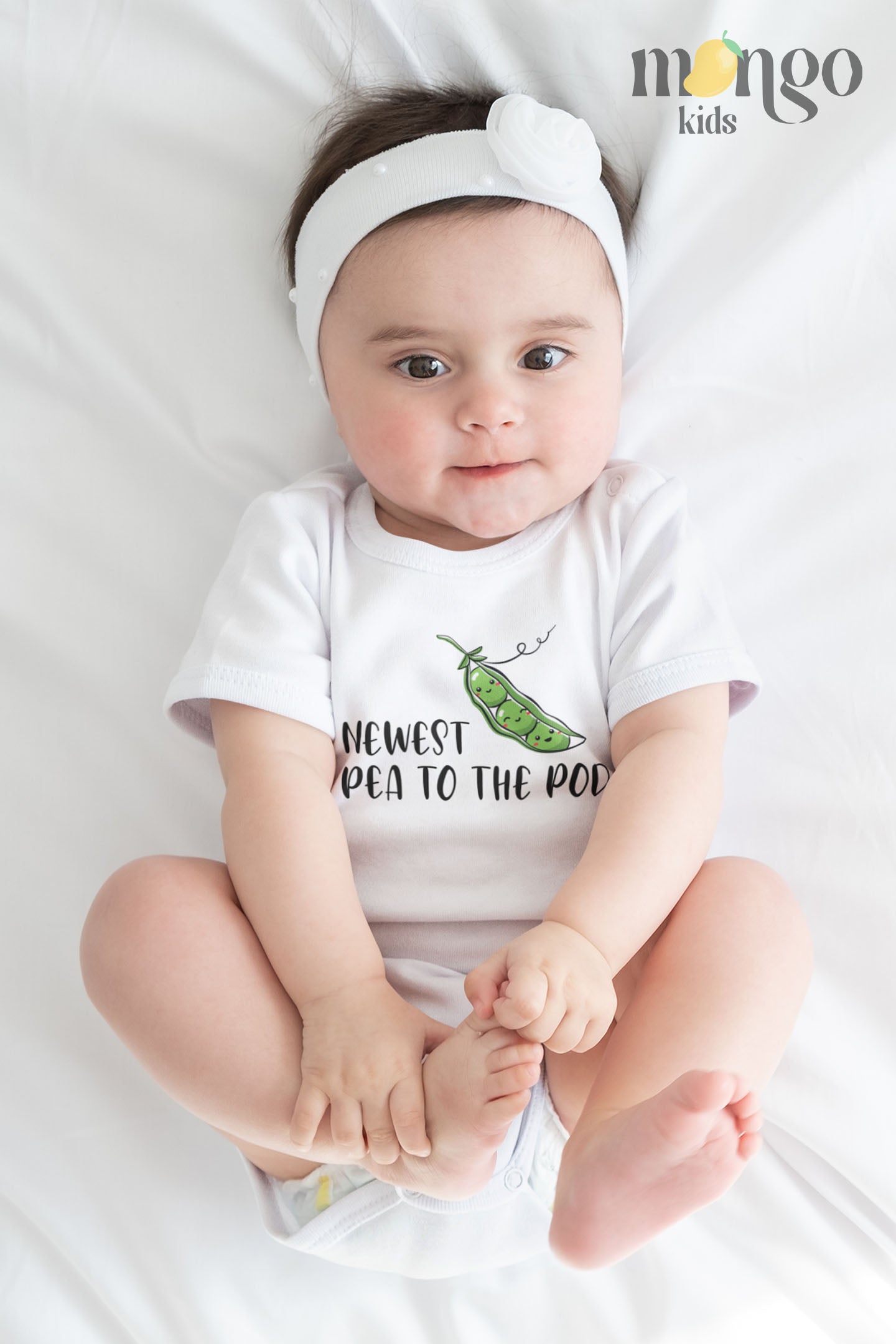 White Short Sleeve Baby Bodysuit with a pea icon and the text 'Newest Pea to The Pod.' This adorable design symbolizes the arrival of a new family member, capturing the joy and excitement. Celebrate your little one with this cute and stylish tee.