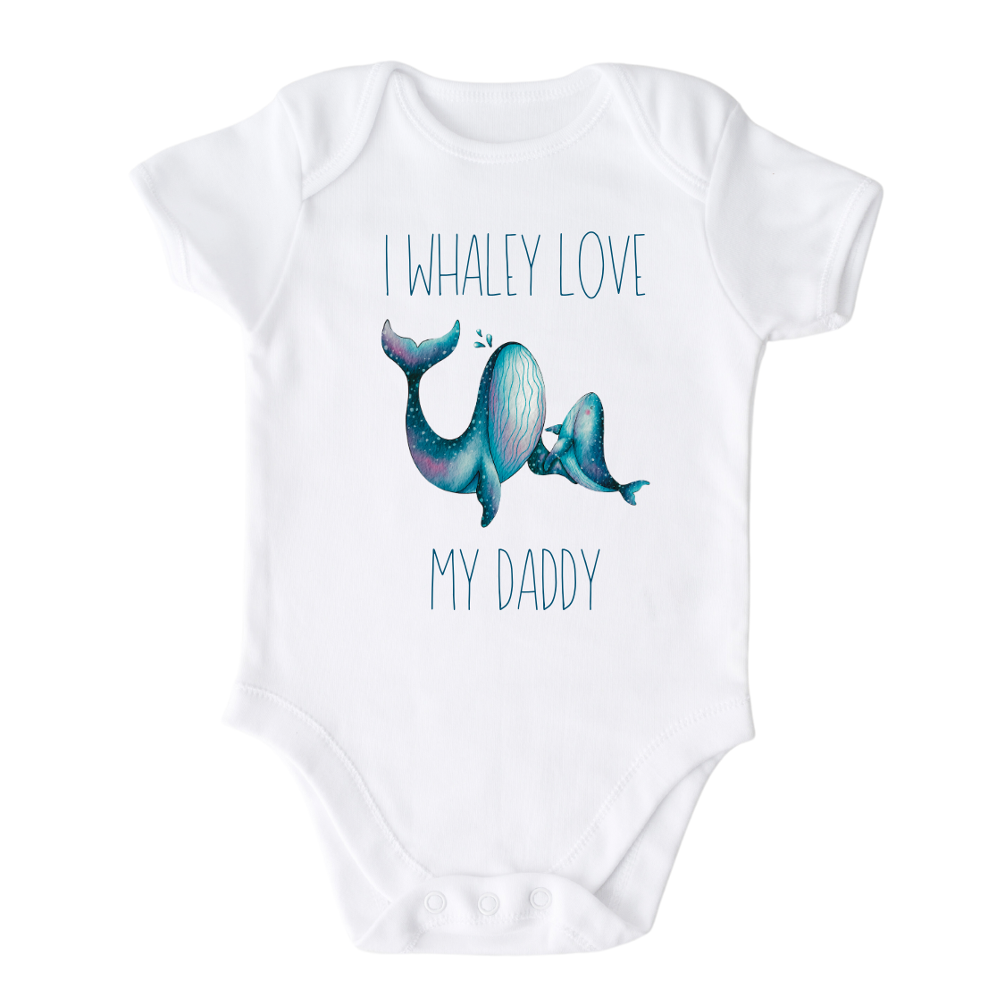 Baby Onesie with a cute printed design of a Parent and Kid Whale, customizable with the text 'I Whaley Love My Dad'