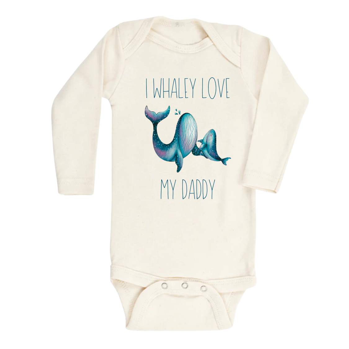 Natural Long Sleeve Onesie with a cute printed design of a Parent and Kid Whale, customizable with the text 'I Whaley Love My Dad'