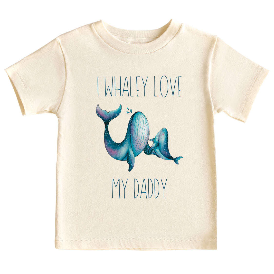 Natural Kid's t-shirt with a cute printed design of a Parent and Kid Whale, customizable with the text 'I Whaley Love My Dad'