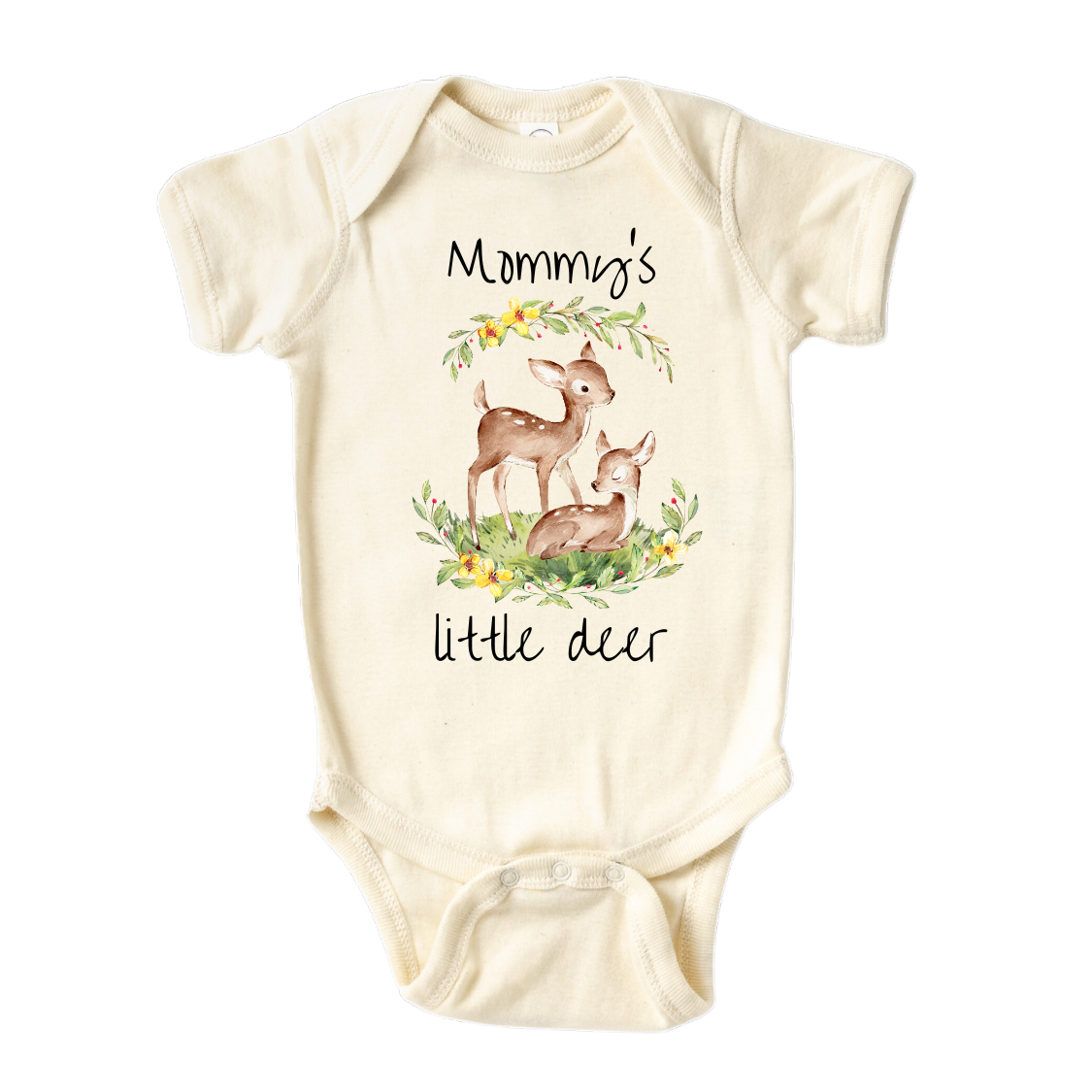 Natural Onesie with a cute printed design of a Parent and Kid Deer, customizable with the text 'Mommy's Little Deer'