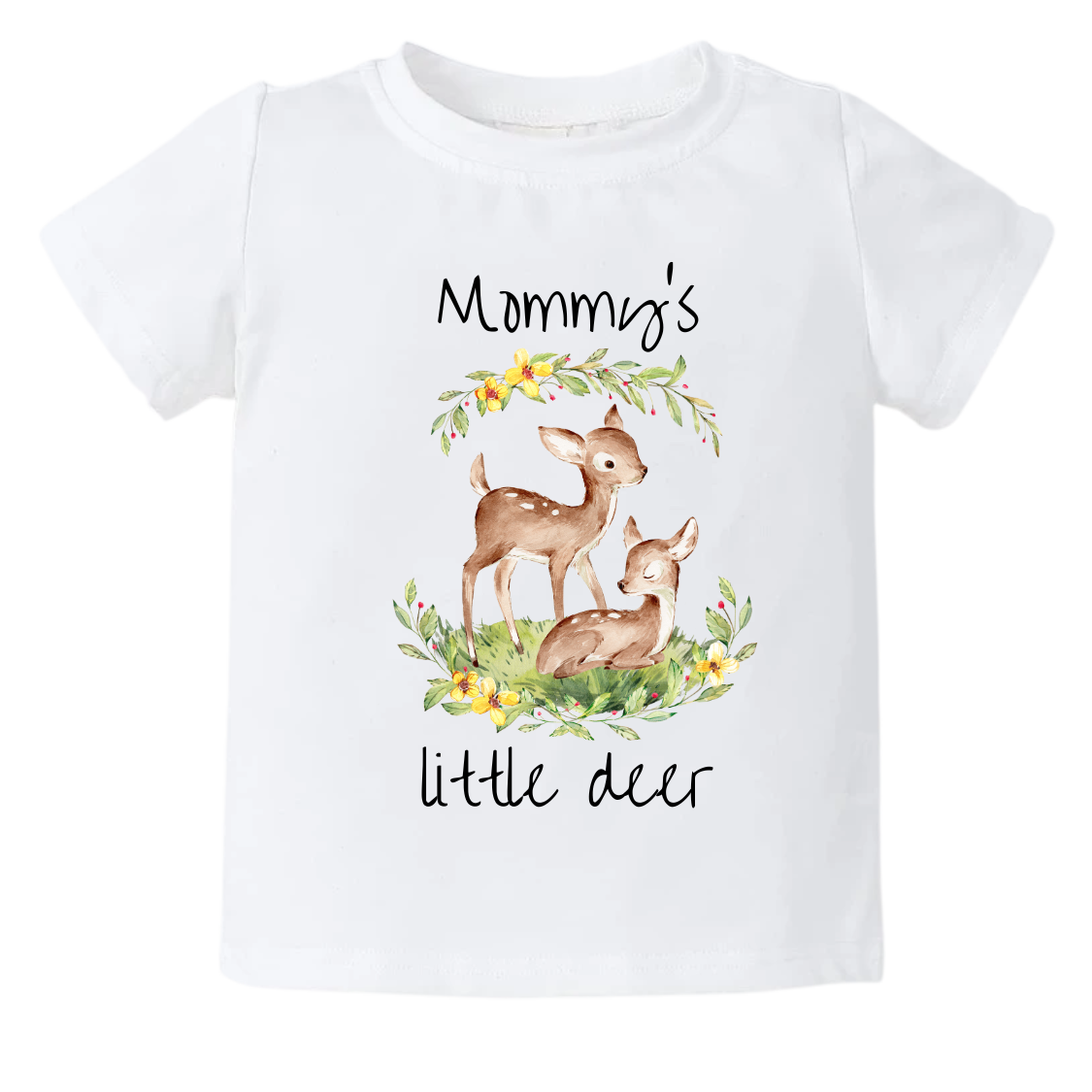 Kid's t-shirt with a cute printed design of a Parent and Kid Deer, customizable with the text 'Mommy's Little Deer'