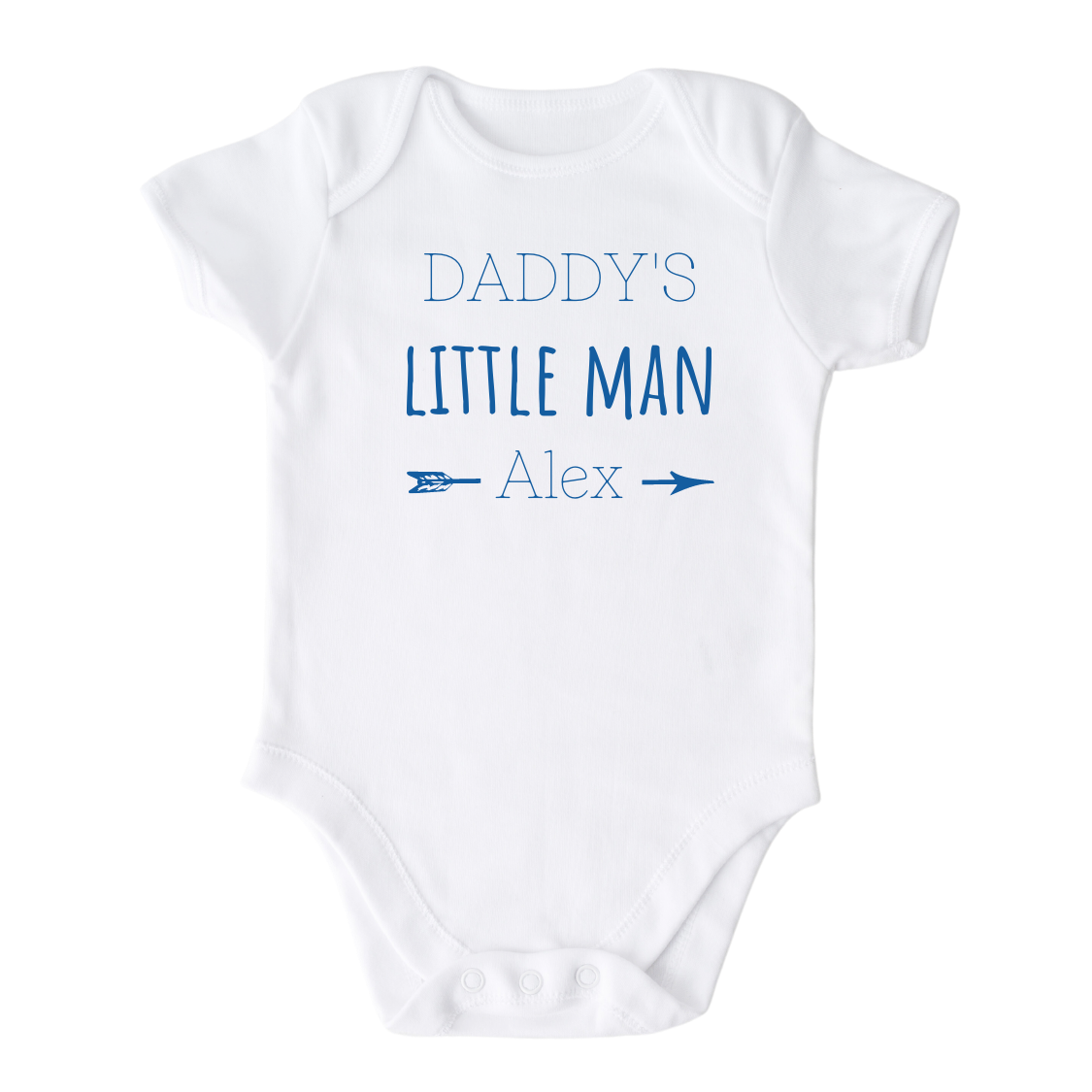 white baby bodysuit with customizable name option and the text 'Daddy's Little Man'.