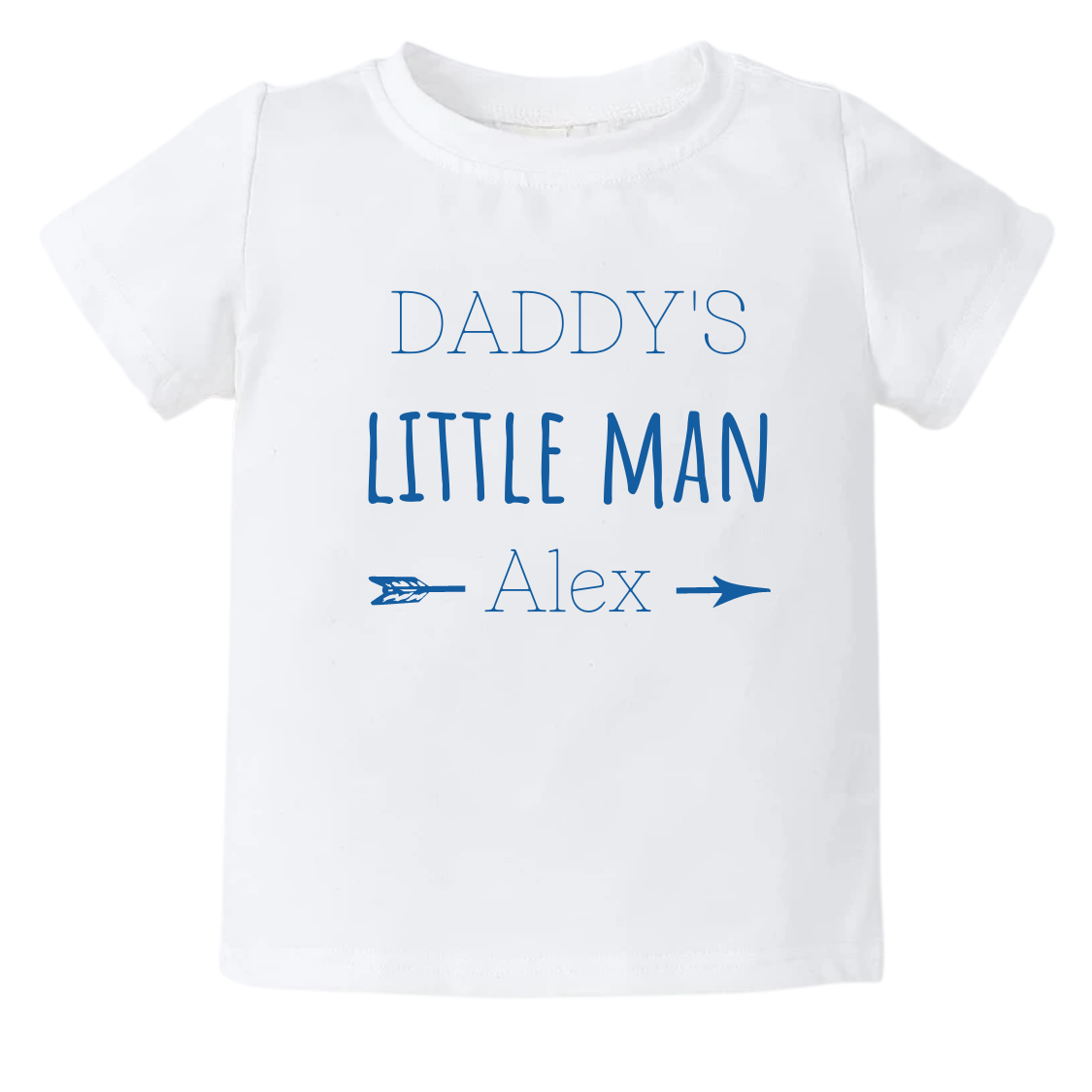 Kid's t-shirt with customizable name option and the text 'Daddy's Little Man'.