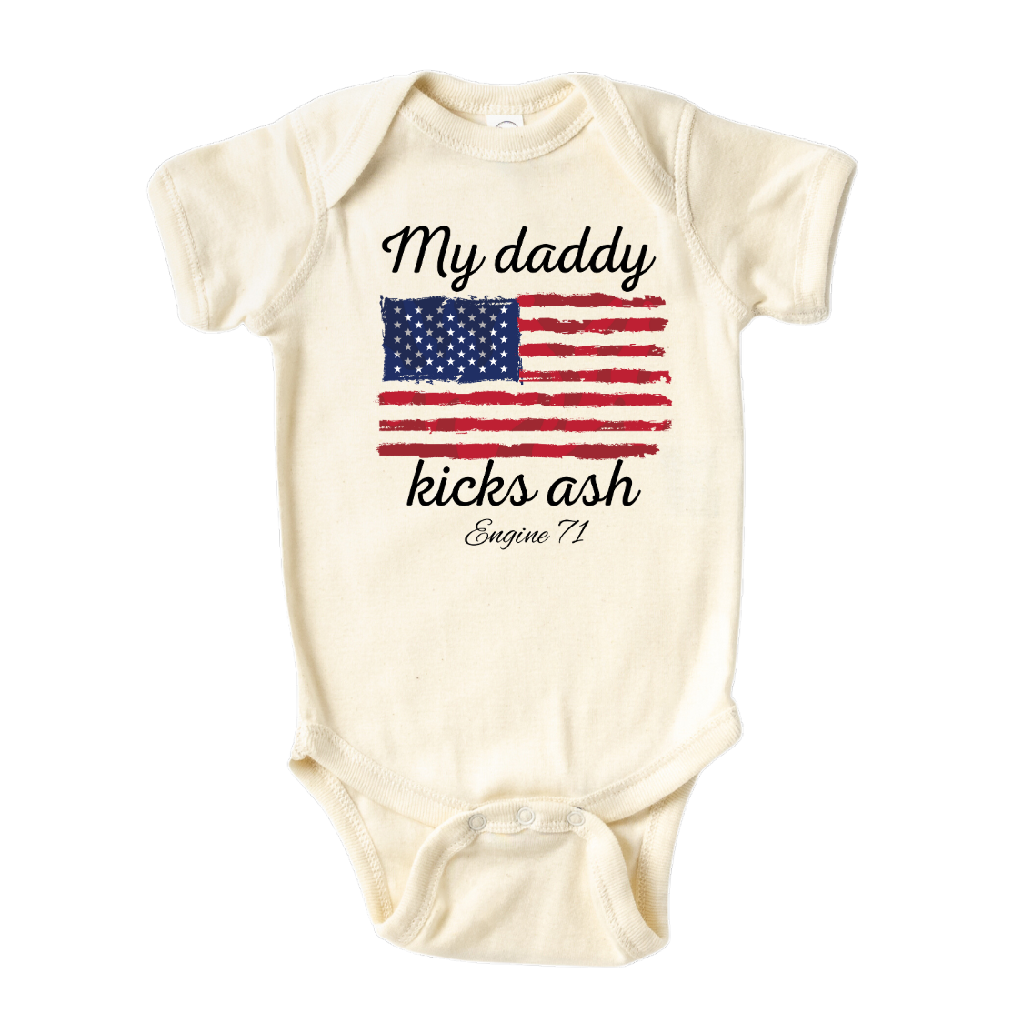 Natural Onesie with a cute printed design of American flag theme, customizable with the text 'My Daddy Kicks Assh'.