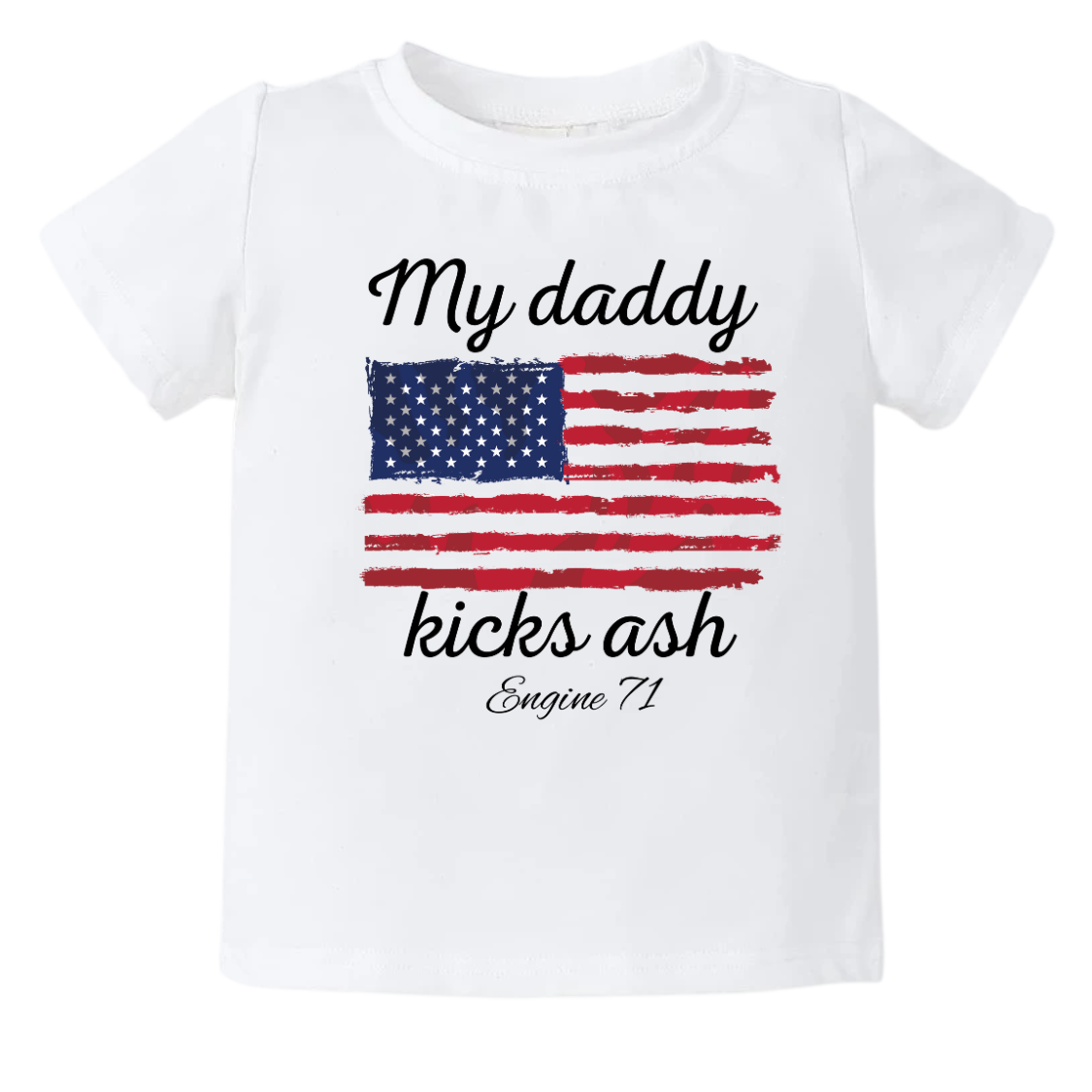 Kid's t-shirt with a cute printed design of American flag theme, customizable with the text 'My Daddy Kicks Assh'.