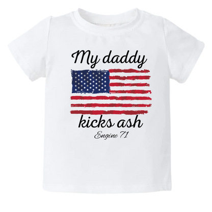 Kid's t-shirt with a cute printed design of American flag theme, customizable with the text 'My Daddy Kicks Assh'.