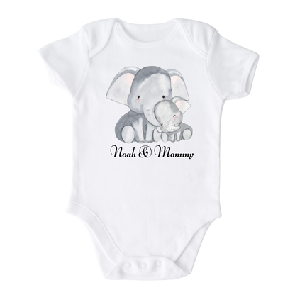 Baby Onesie with a cute printed design of an Elephant family, customizable with name & 'Mommy' text.