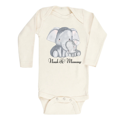 Natural Long Sleeve Onesie with a cute printed design of an Elephant family, customizable with name & 'Mommy' text.