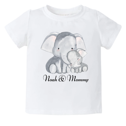 Kid's t-shirt with a cute printed design of an Elephant family, customizable with name & 'Mommy' text.