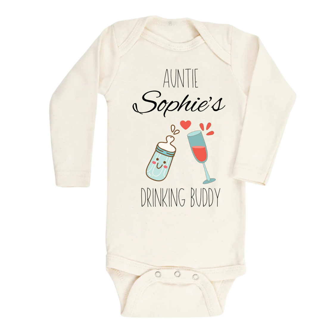 Long Sleeve Onesie Natural Baby with a cute printed design of a wine glass and a milk bottle, customizable with the text 'Aunt's Drinking Buddy'.