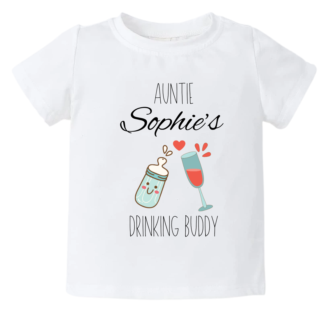 Kid's t-shirt with a cute printed design of a wine glass and a milk bottle, customizable with the text 'Aunt's Drinking Buddy'.