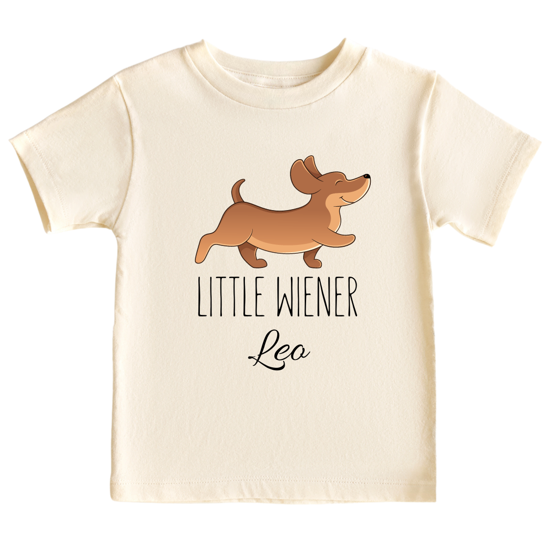 Kid's t-shirt with a cute Dachshund design and 'Little Wiener' text, customizable with names.