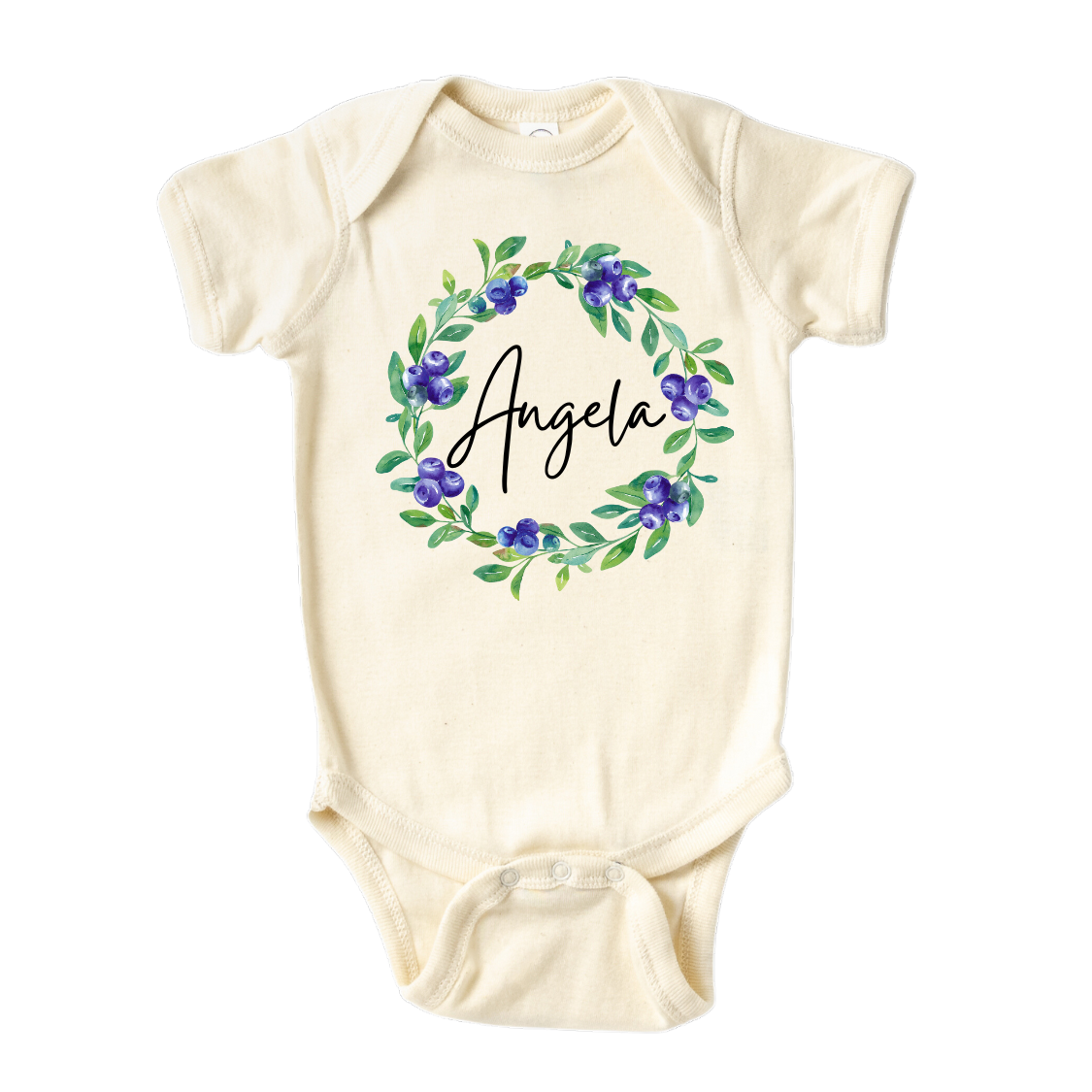 Baby Onesie - Baby Bodysuit - Natural Baby Clothes - Long Sleeve Baby Onsie with a cute blueberry floral wreath design, customizable with names.