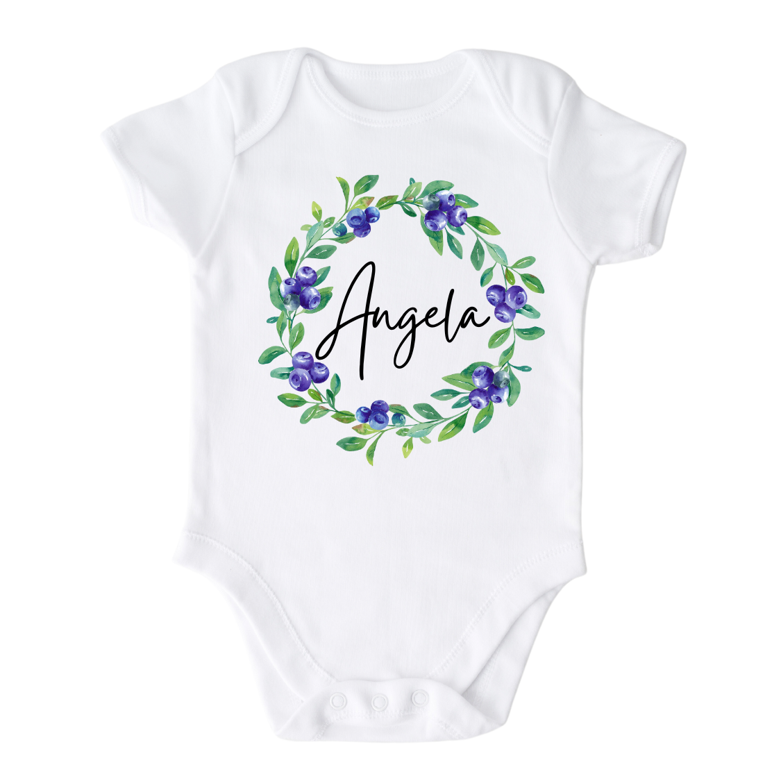 Baby Onesie - Baby Bodysuit - Natural Baby Clothes - Long Sleeve Baby Onsie with a cute blueberry floral wreath design, customizable with names.