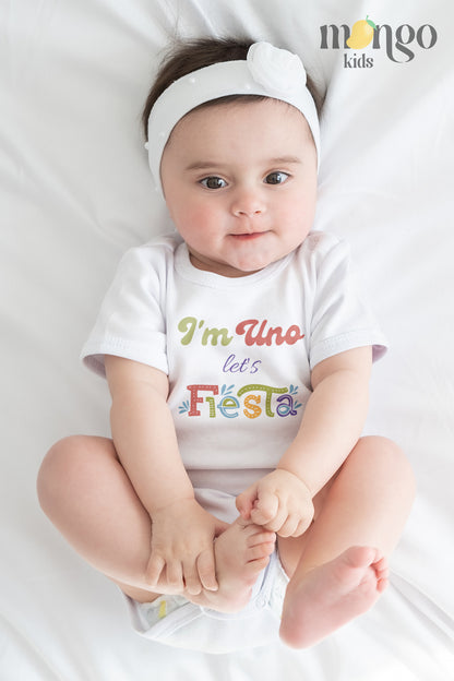 Cute Onesie - Baby Onsie - Baby Bodysuit - Custom Name Tshirt with a cute 'I'm Uno Let's Fiesta' design, customizable for personalization.