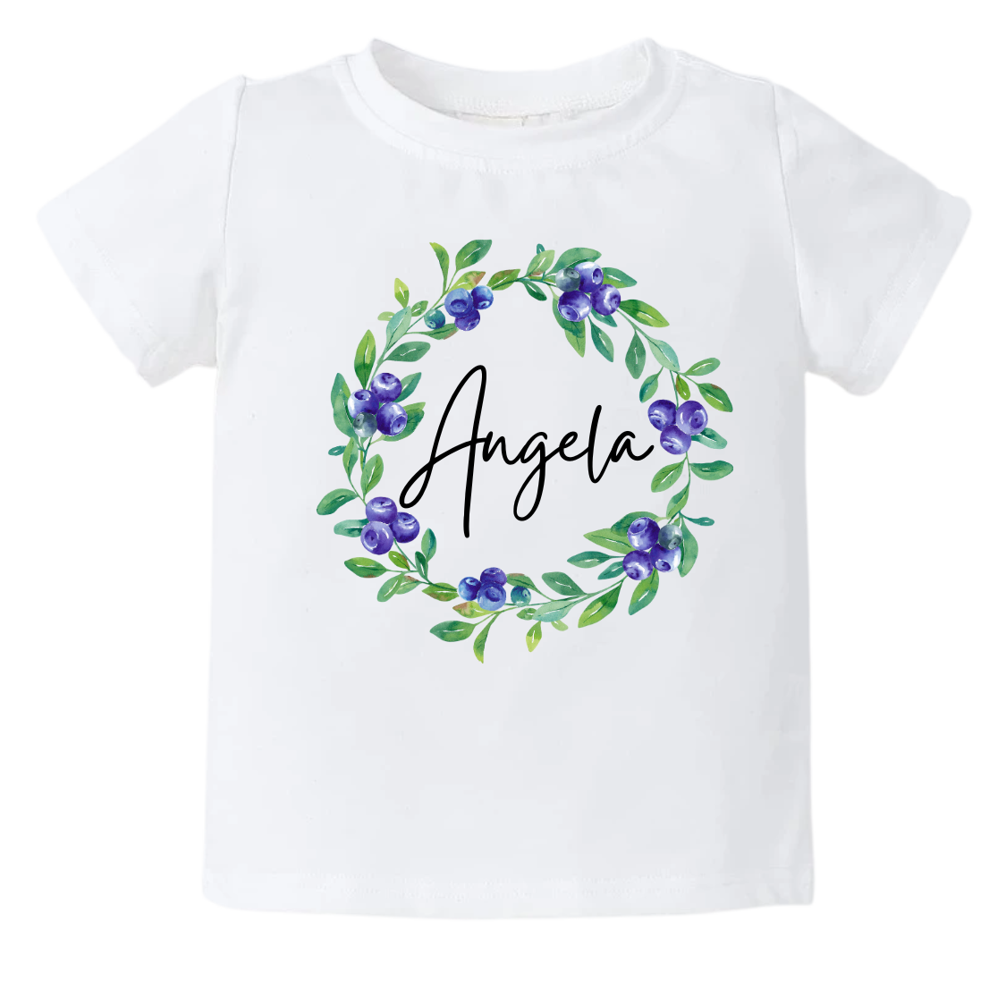 Kid's t-shirt with a cute blueberry floral wreath design, customizable with names.