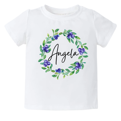 Kid's t-shirt with a cute blueberry floral wreath design, customizable with names.