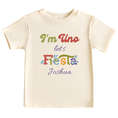 Kid's t-shirt with a cute 'I'm Uno Let's Fiesta' design, customizable for personalization.