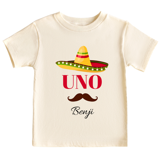Kid's t-shirt with a cute 'Uno' design, customizable for personalization.