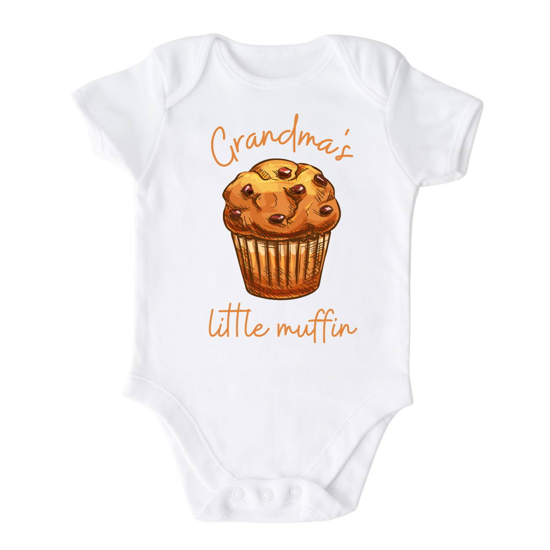 Baby Onsie with a cute printed design of a muffin and customizable text that says, 'Grandma's Little Muffin