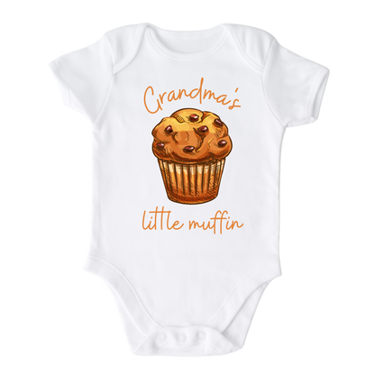 Baby Onsie with a cute printed design of a muffin and customizable text that says, 'Grandma's Little Muffin