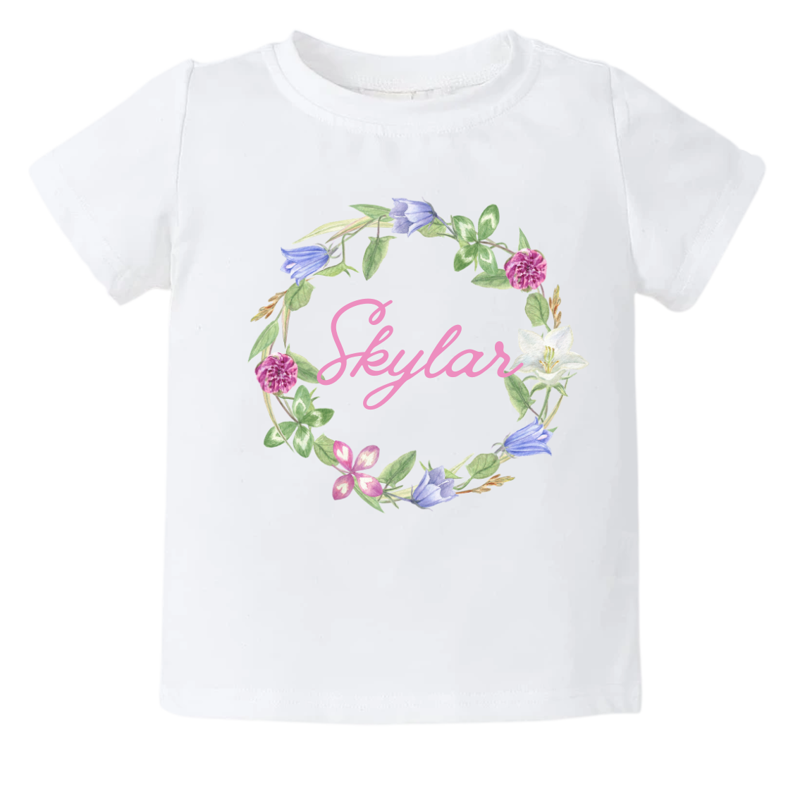 Kid's t-shirt with a cute floral wreath design, customizable with names.