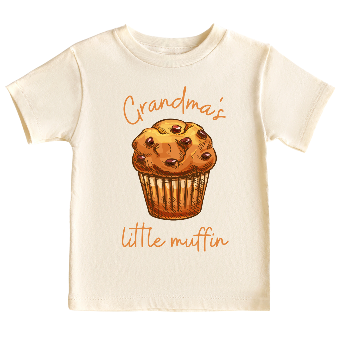 Kid's t-shirt with a cute printed design of a muffin and customizable text that says, 'Grandma's Little Muffin