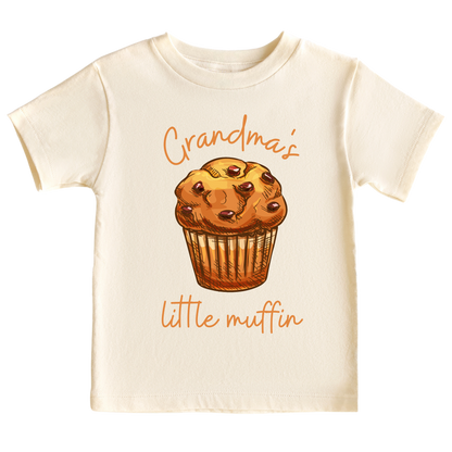 Kid's t-shirt with a cute printed design of a muffin and customizable text that says, 'Grandma's Little Muffin