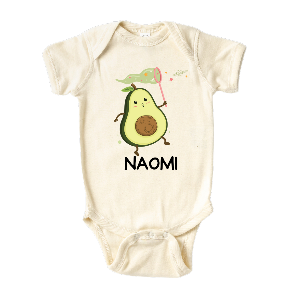 Baby Onesie, Cute Baby Gift for Newborn Clothes for Baby Bodysuit with a cute avocado catching stars design, customizable with names.