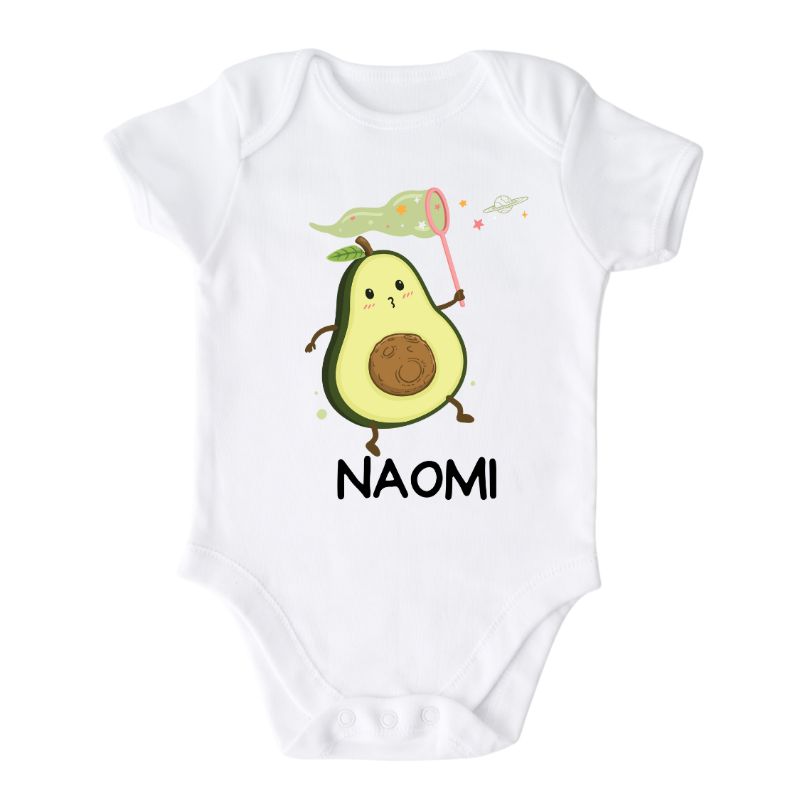 Baby Onesie, Cute Baby Gift for Newborn Clothes for Baby Bodysuit with a cute avocado catching stars design, customizable with names.
