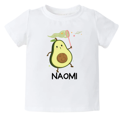 Kid Tshirt with a cute avocado catching stars design, customizable with names.