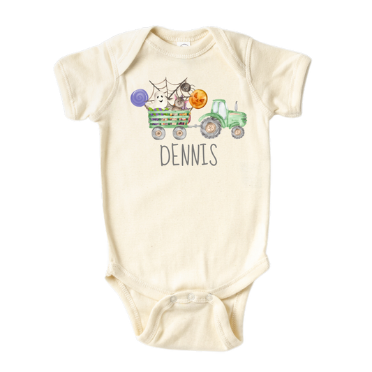 Baby Onesie - Cute Baby Onsie - Cute Baby Gift for Newborn Clothes for Baby Bodysuit with a cute Halloween truck design, customizable with names.