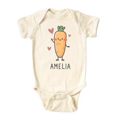 Baby Onesie for Baby Gift for Newborn Gift Custom Baby Name with a cute carrot design, customizable with names.