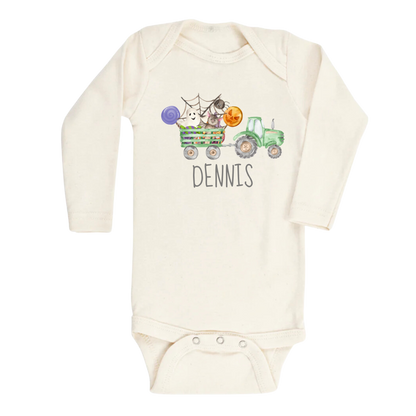 Baby Onesie - Cute Baby Onsie - Cute Baby Gift for Newborn Clothes for Baby Bodysuit with a cute Halloween truck design, customizable with names.