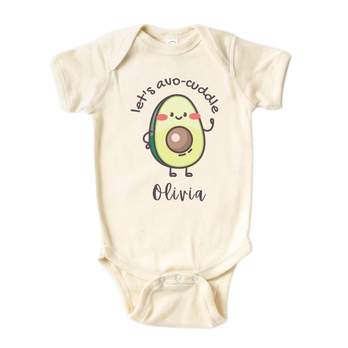 A cute avocado design with the text 'Let's Avocuddle' on a kids' t-shirt and baby onesie. The design can be personalized with customizable names for added charm and sweetness