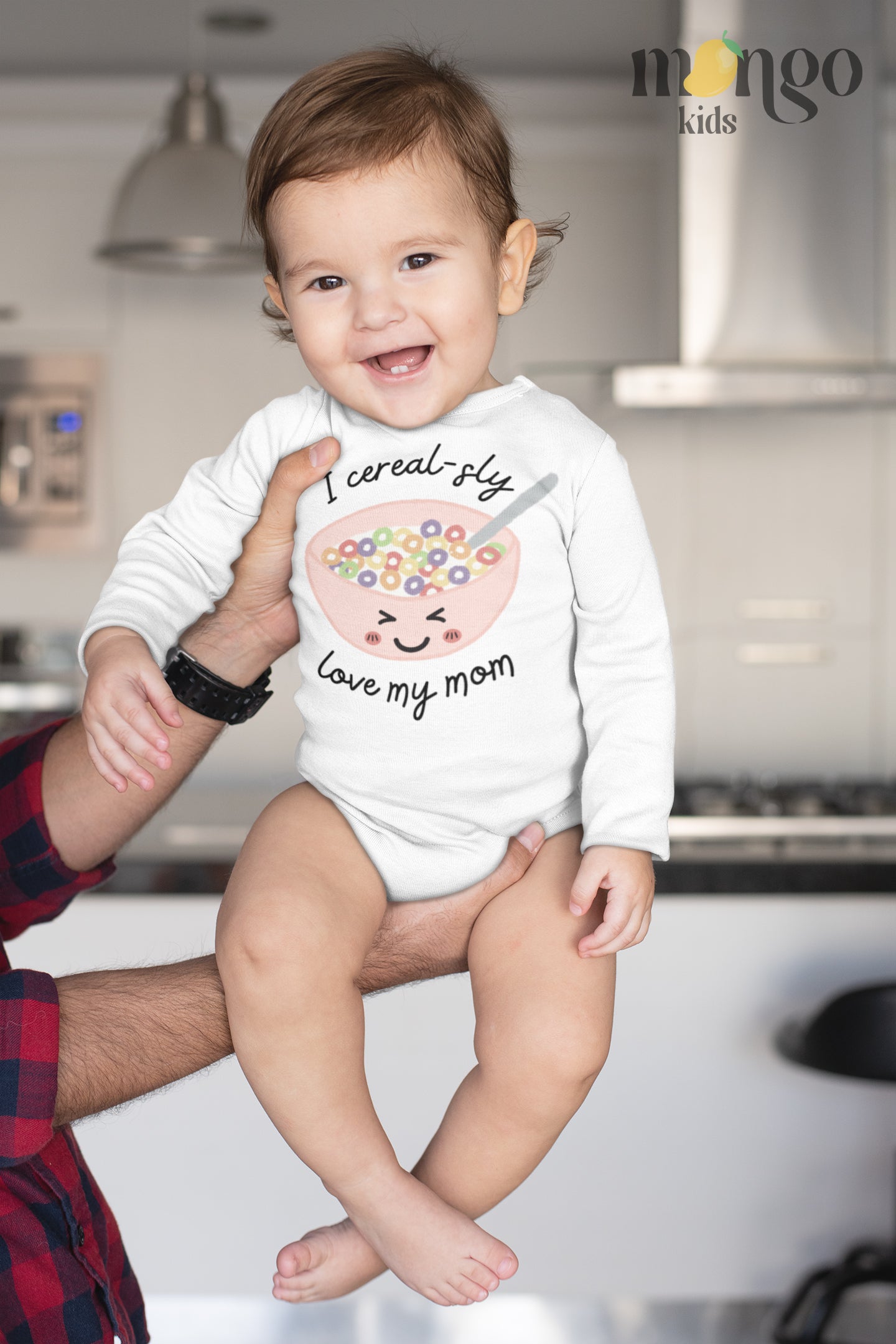 Long Sleeve Onesie - Cute cereal bowl graphic print with customizable text - 'I Cereal-sly Love My Mom' on a kid t-shirt and baby onesie. High-quality and vibrant design for adorable children's clothing. Perfect gift option to express love for Mom. 