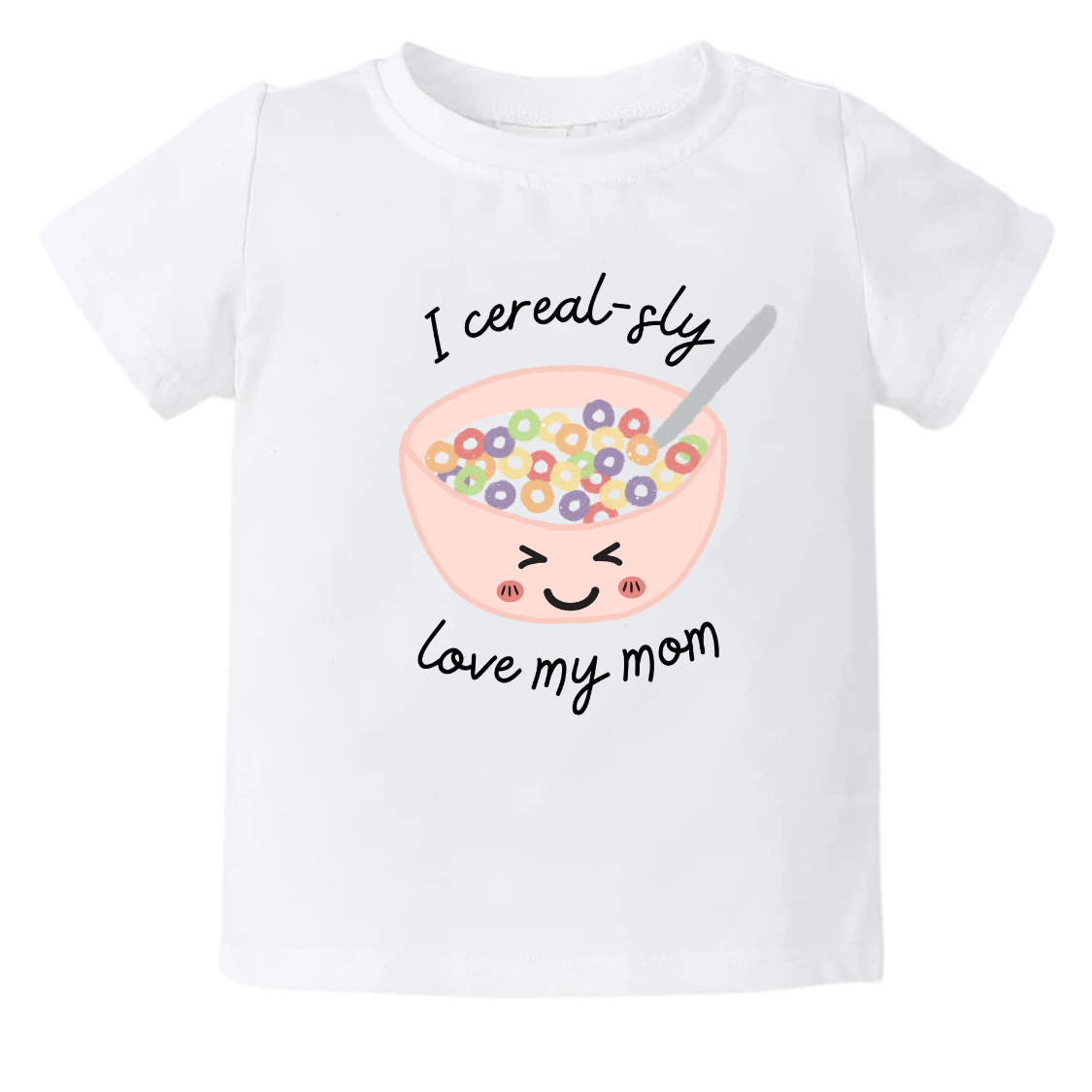Cute cereal bowl graphic print with customizable text - 'I Cereal-sly Love My Mom' on a kid t-shirt and baby onesie. High-quality and vibrant design for adorable children's clothing. Perfect gift option to express love for Mom. 