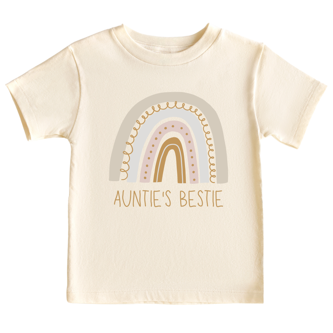 A colorful kid's t-shirt adorned with a delightful printed graphic of a radiant rainbow and the text 'Auntie's Bestie.' This charming tee celebrates the cherished bond between a beloved aunt and her adored niece or nephew.