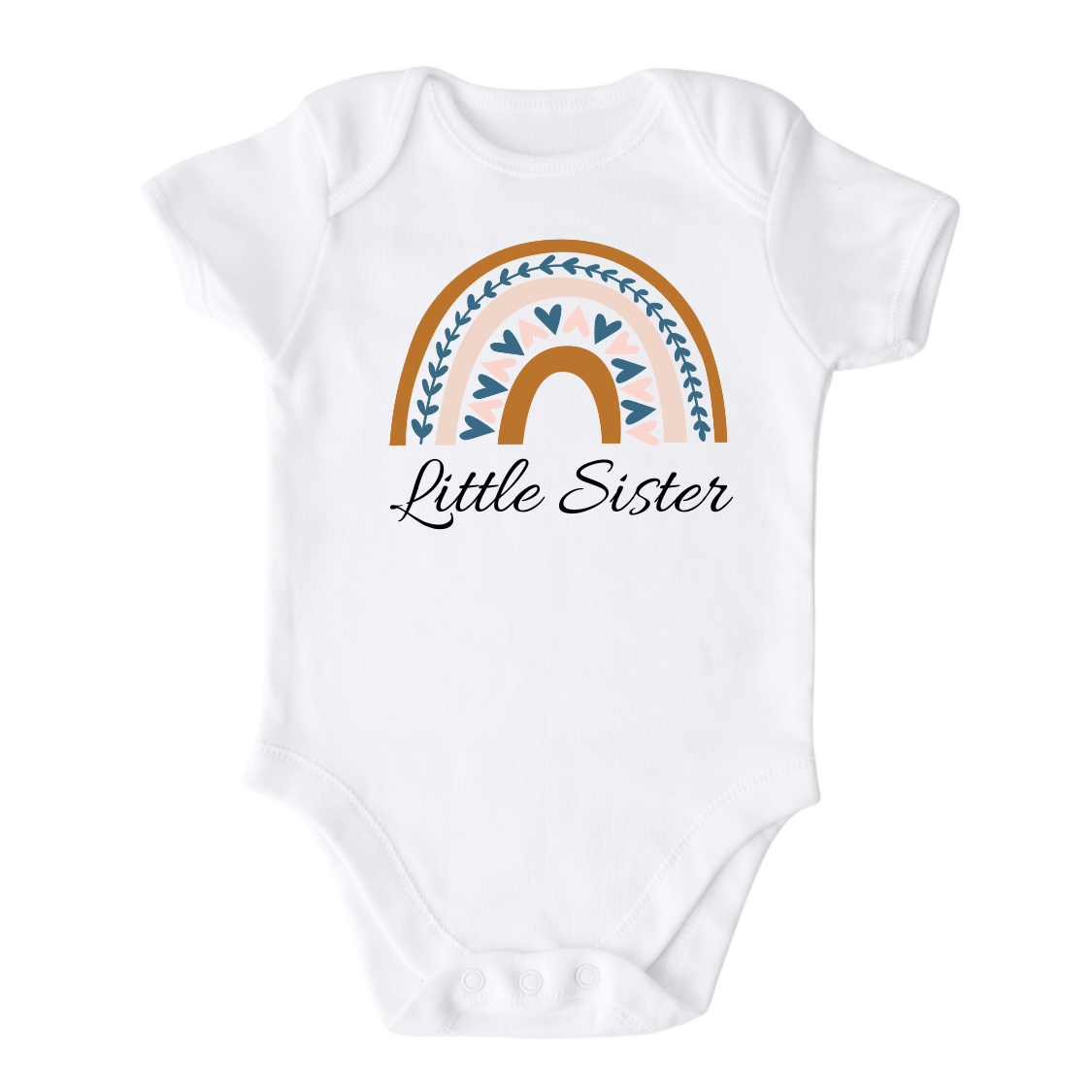 Baby Onesie with a boho printed graphic of a colorful rainbow and the text 'Little Sister.' This enchanting t-shirt celebrates the arrival of a precious little sister.