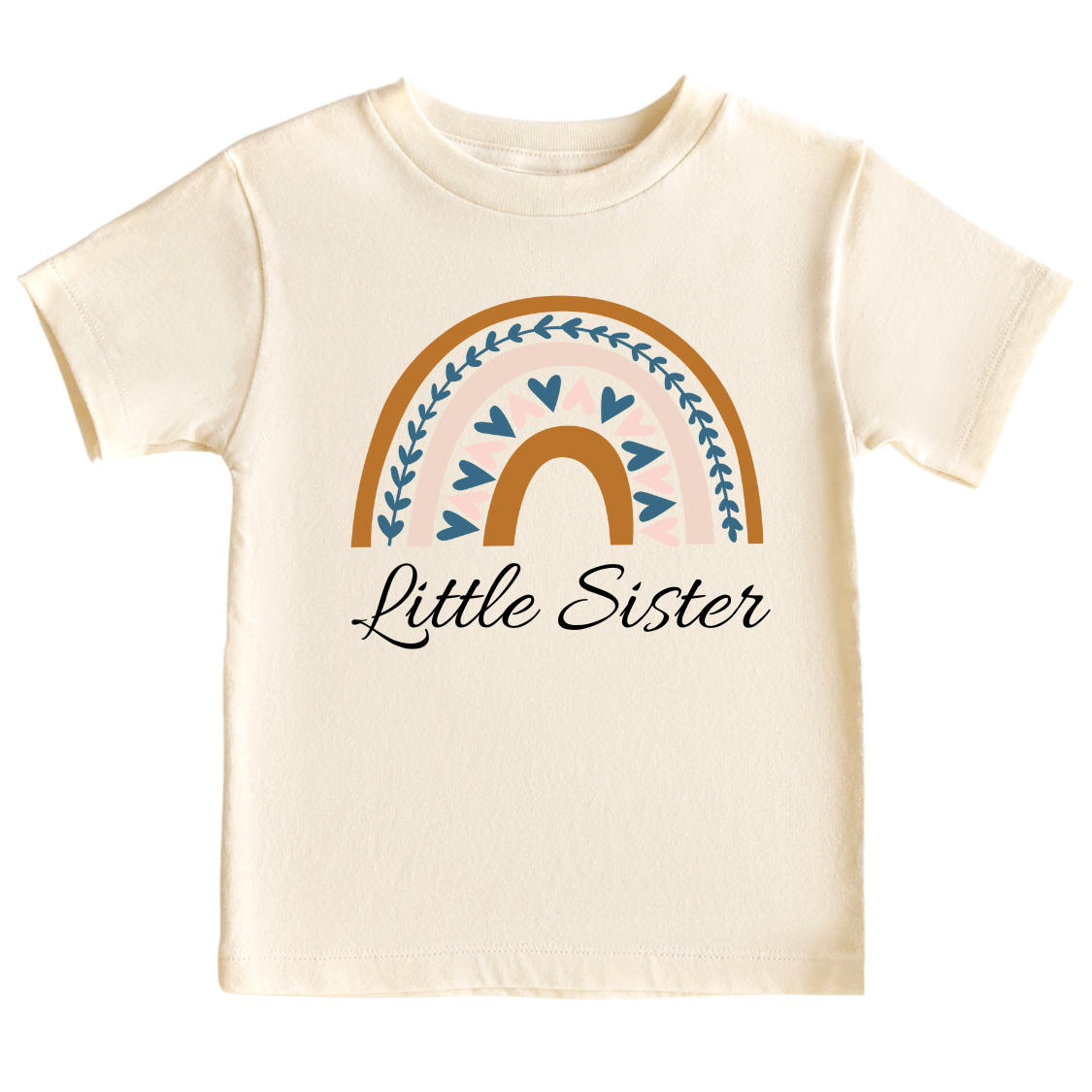 A kid's t-shirt with a boho printed graphic of a colorful rainbow and the text 'Little Sister.' This enchanting t-shirt celebrates the arrival of a precious little sister.