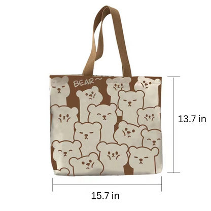 Cute Bear Canvas Tote Bag with Zipper and Inside Pocket