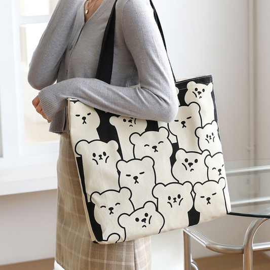 Canvas Tote Bag with Zipper and Inside Pocket Bear Print