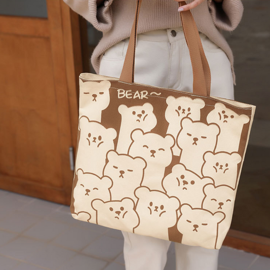Cute Bear Canvas Tote Bag with Zipper and Inside Pocket