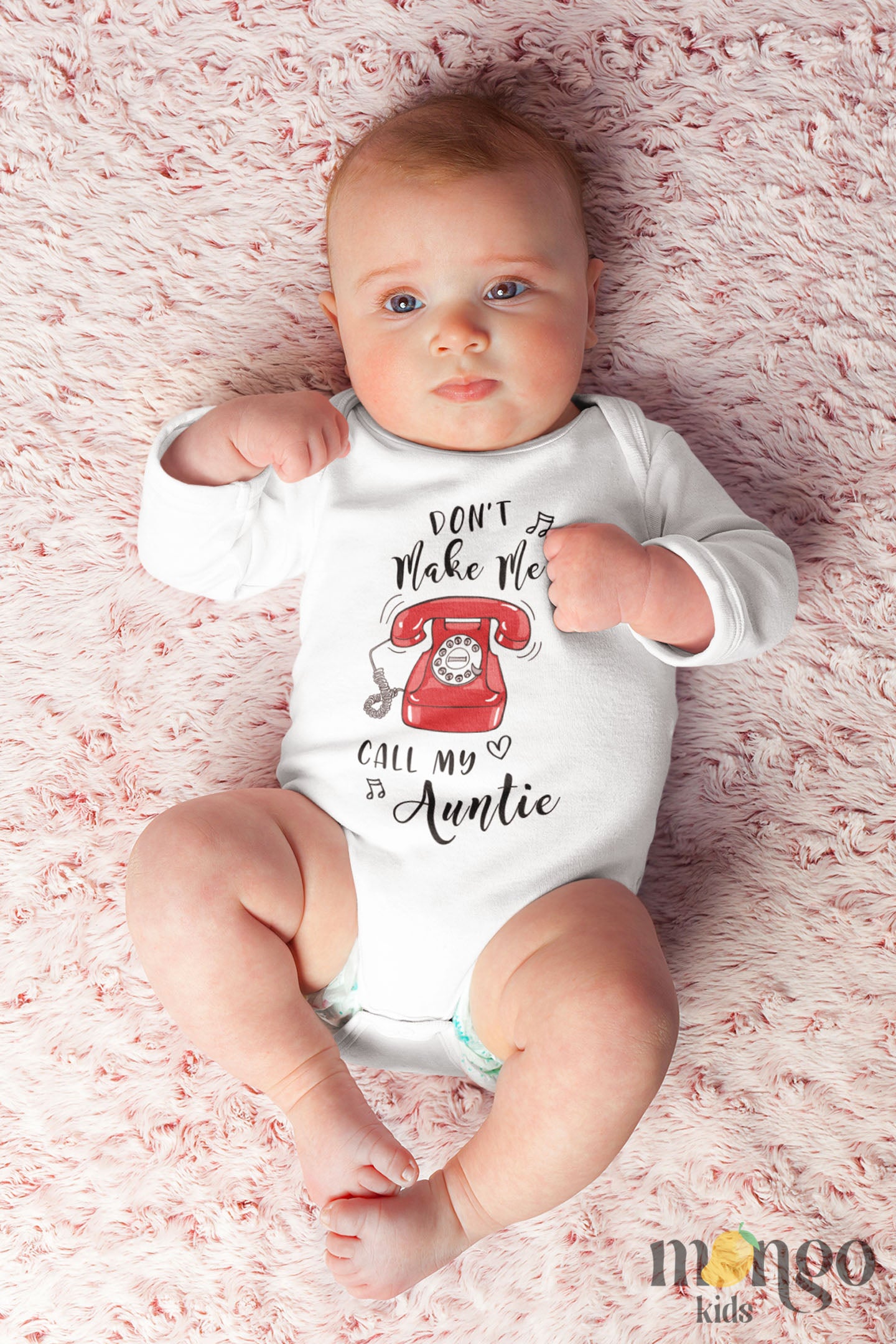 Printed Baby Onesies - Kid's t-shirt showcasing a cute printed graphic of a telephone with the text 'Don't Make Me Call My Auntie.' Explore this witty and playful tee that celebrates family bonds.