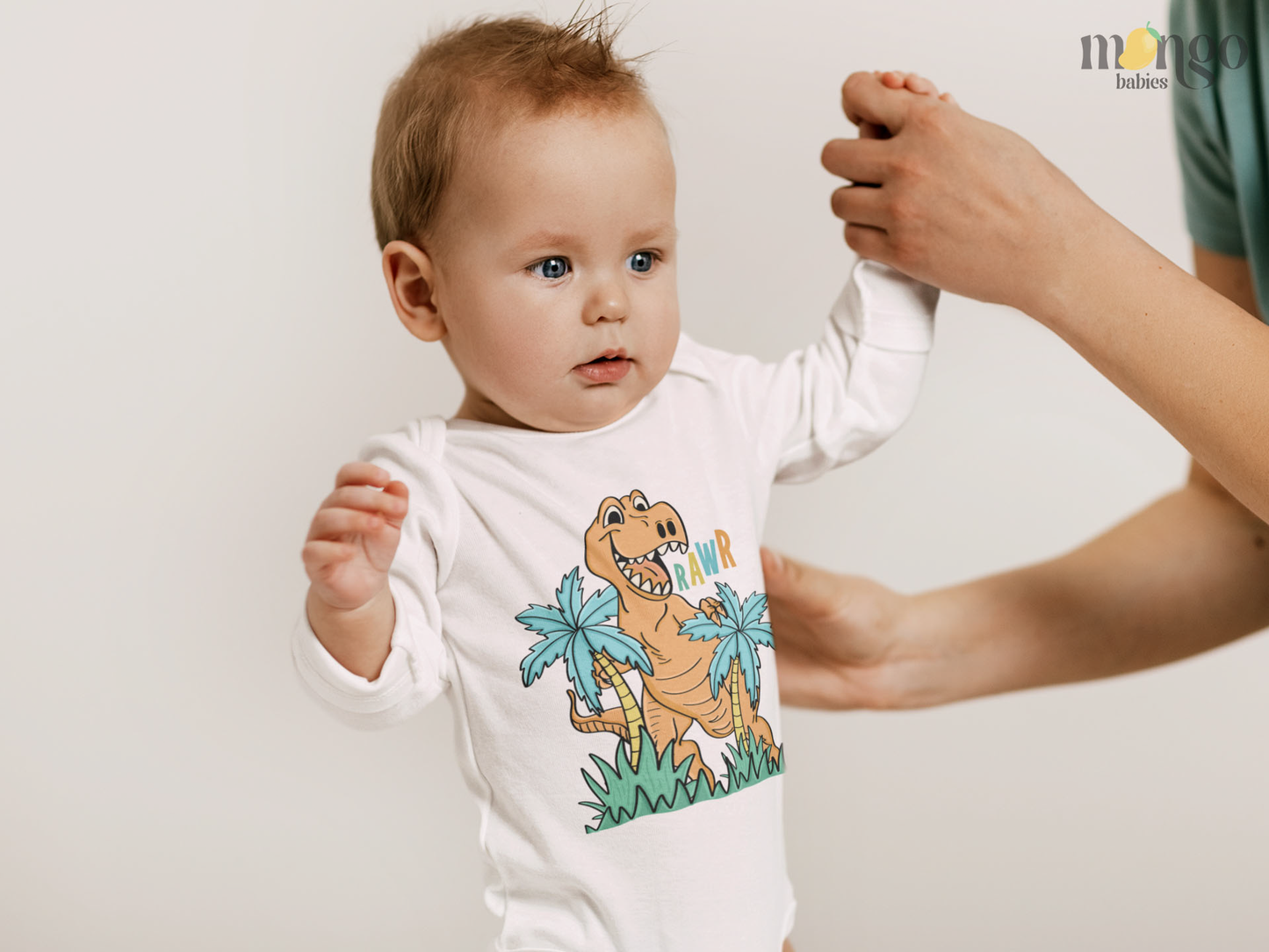 Long Sleeve Baby Bodysuit with a cute dinosaur graphic and the text 'Rawr'.