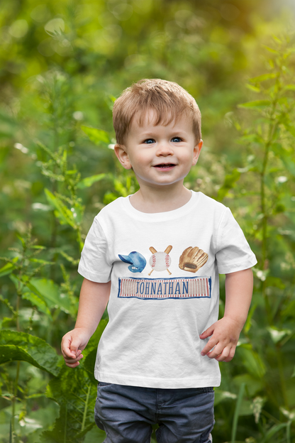  Kid's t-shirt with a cute printed design of baseball theme, customizable with a name option.